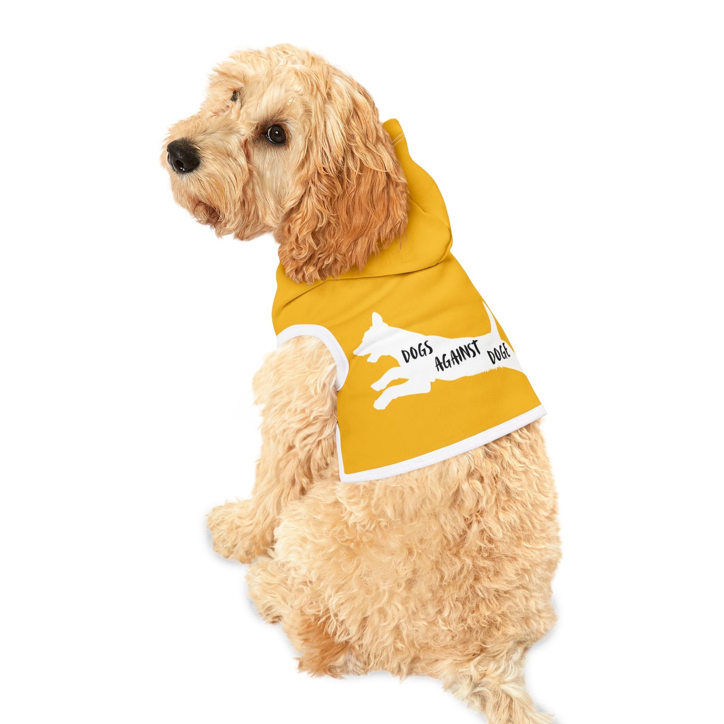 Yellow Lunging Pup Dogs Against DOGE Pet Hoodie