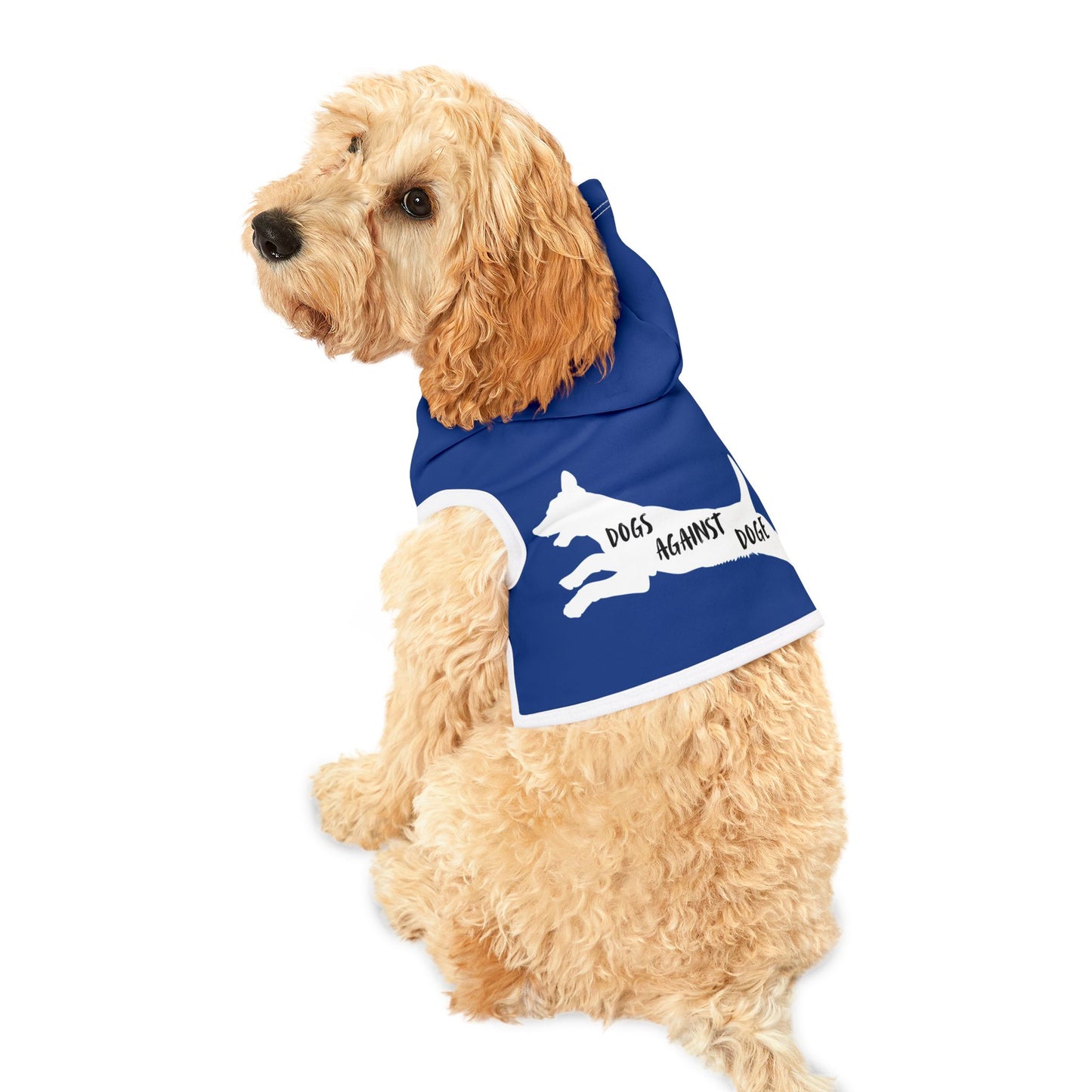 Blue Lunging Pup Dogs Against DOGE Pet Hoodie